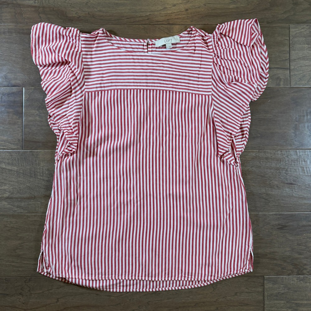 LOFT Womens Red White Striped Flutter‎ Sleeve Blouse Top Small 461297